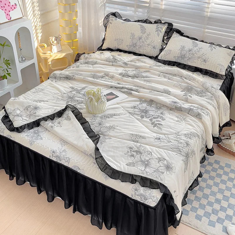 Summer latex ice silk anti slip cool mat bed skirt 3 pieces set 4 pieces summer quilt bedding set