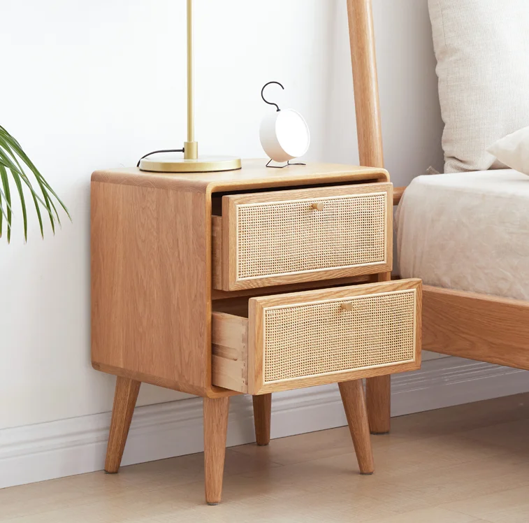 Amazon best selling free sample Factory Supplier Wooden Storage Side Table With rattan drawer for bedroom