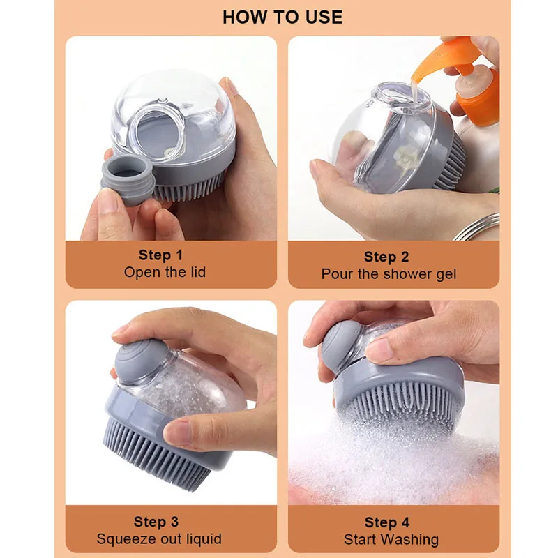 Fillable Shampoo Brush Body Scrubber with Soap Dispenser Soft Silicone Exfoliating Massage Shower Brushes for Baby Pet Adults