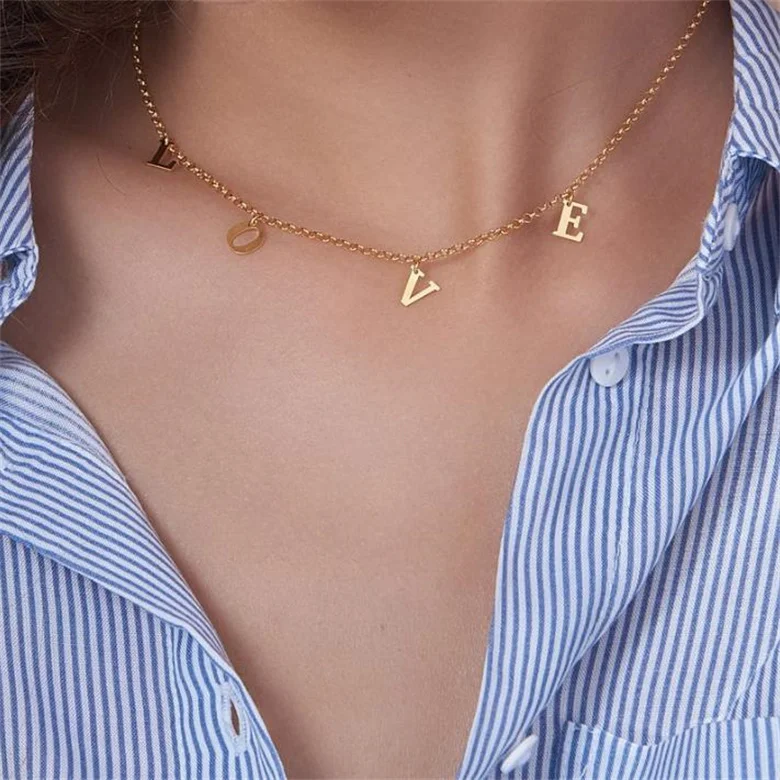 Dainty love word choker necklace 18k gold plated stainless steel women jewelry personalized custom spaced name letter necklace