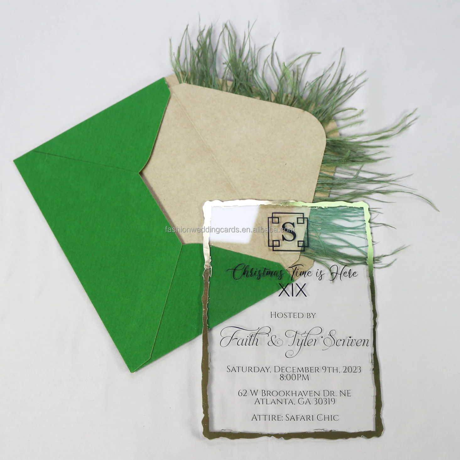 2024 Newest Chic Feather Design Custom Color Velvet Envelope Clear Acrylic Invitations Luxury Wedding Acrylic Invitation Cards