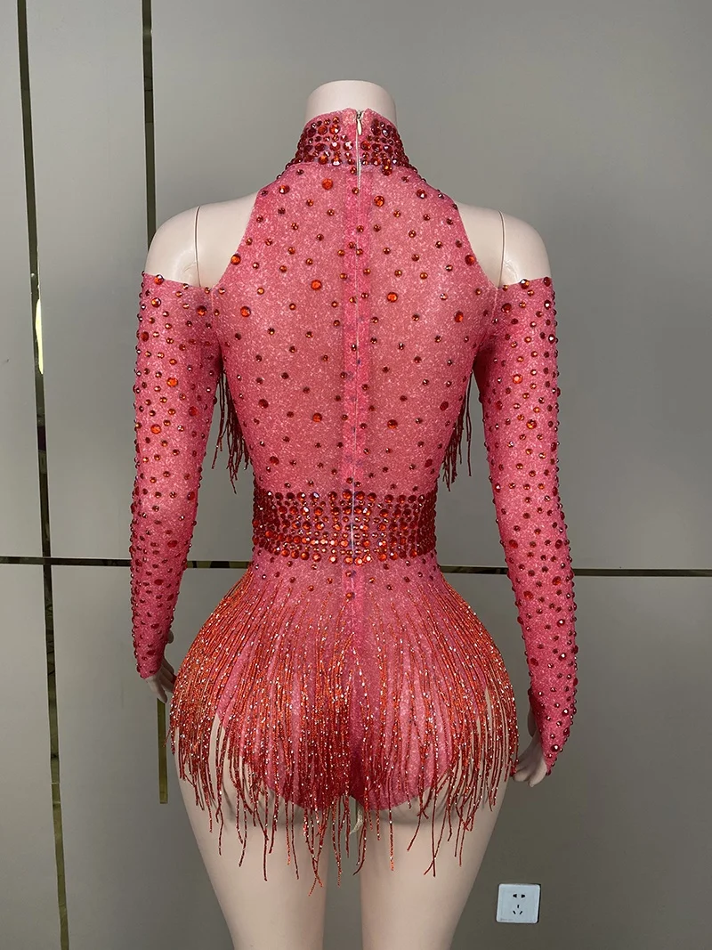 Red Black Rhinestones Fringes Transparent Bodysuit Women Dance Celebrate Performance Costume Birthday Evening Outfit
