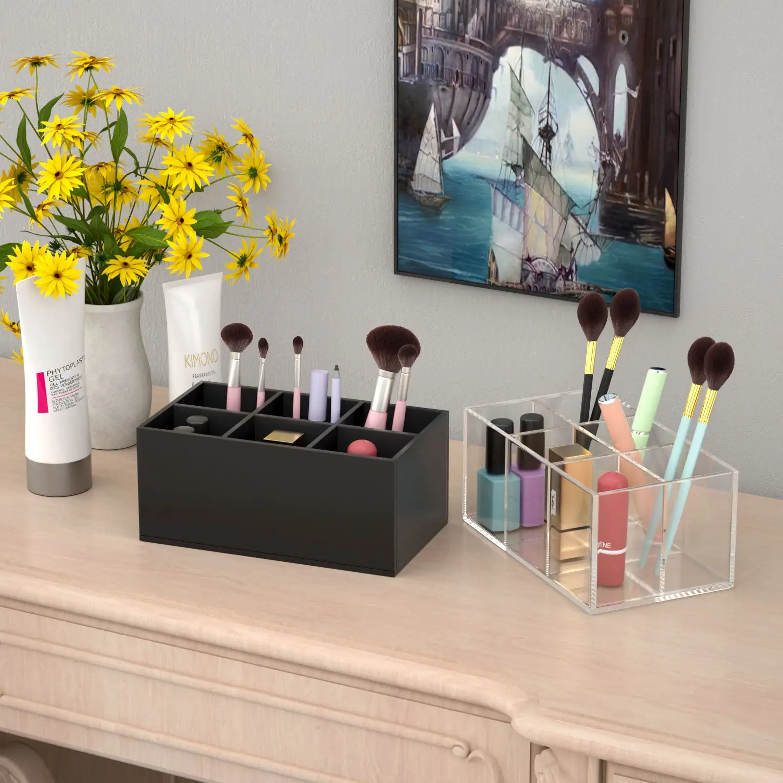 Factory Hot Sale Clear Acrylic 6-Slots Makeup Brush Holder Organizer Cosmetic Brushes Pen Storage for Vanity Office Countertop