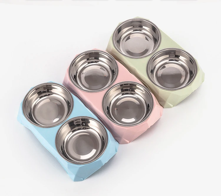 New Candy Color Diamond Thicken Pet Bowl Cartoon Double Pet Bowl Stainless Pet Feeder Bowl