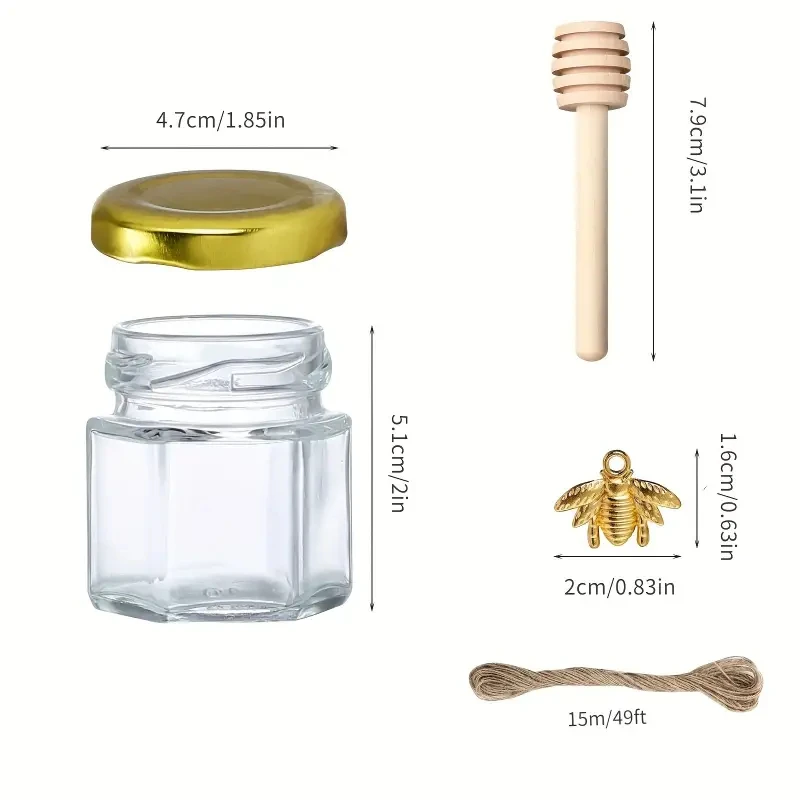 High quality 1.5oz 45ml Hexagonal Honey Jars Luxury Mini Glass Honey Jars with Dippers