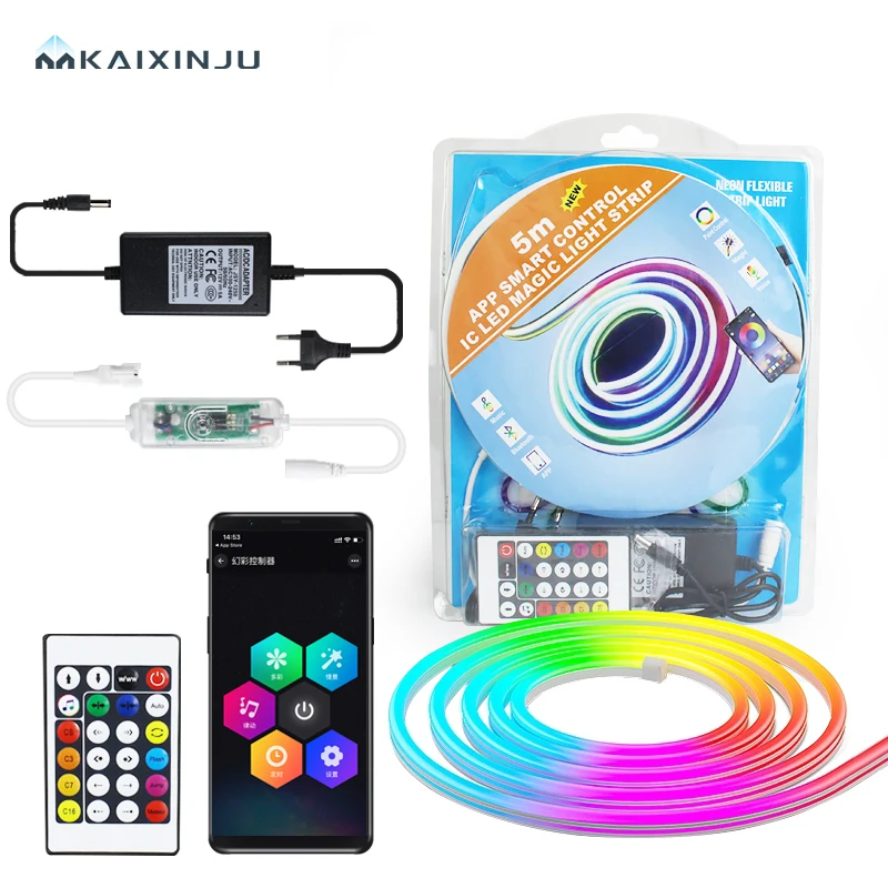 12V Flexible Neon Light with RGB Color MAGIC Full Color LED Atmosphere Light Strip 5 Meter Set Smart Remote Control Mobile APP