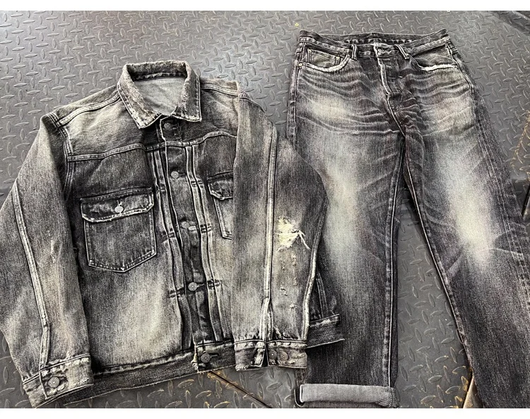 Lotfeel Custom High quality vintage heavy wash selvedge distressed ripped gray jeans