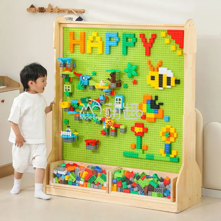 Moetry Free Standing Double Sided Wooden STEM Wall Building Block Gear Play Kids Construction Toy
