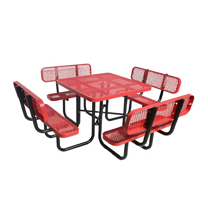 outdoor public commercial steel square picnic table with backrest bench restaurant outside metal table and chair for event