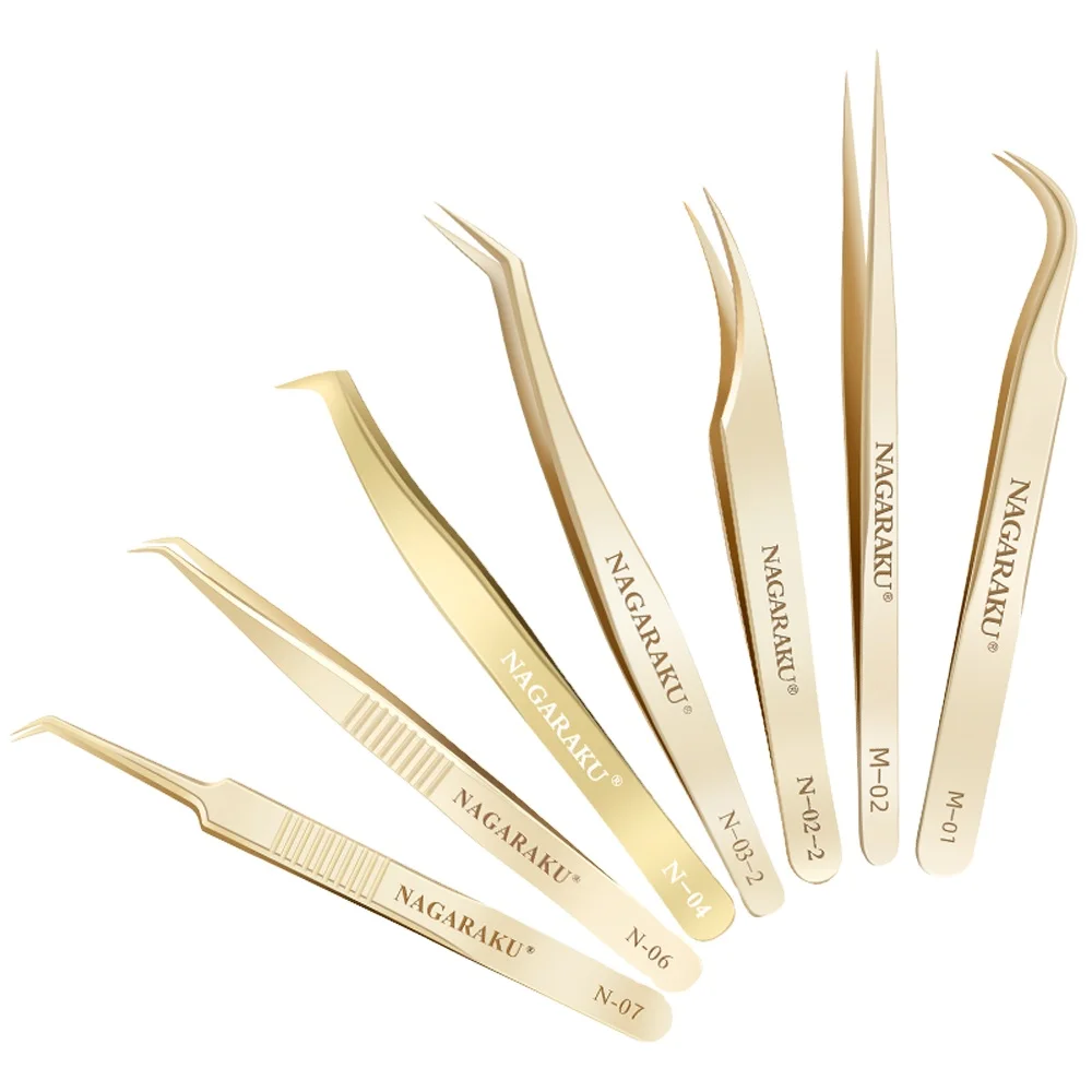 NAGARAKU Golden Color Tweezers Set for False Eyelash Extension Art Stainless Steel Clip Make Up Tools