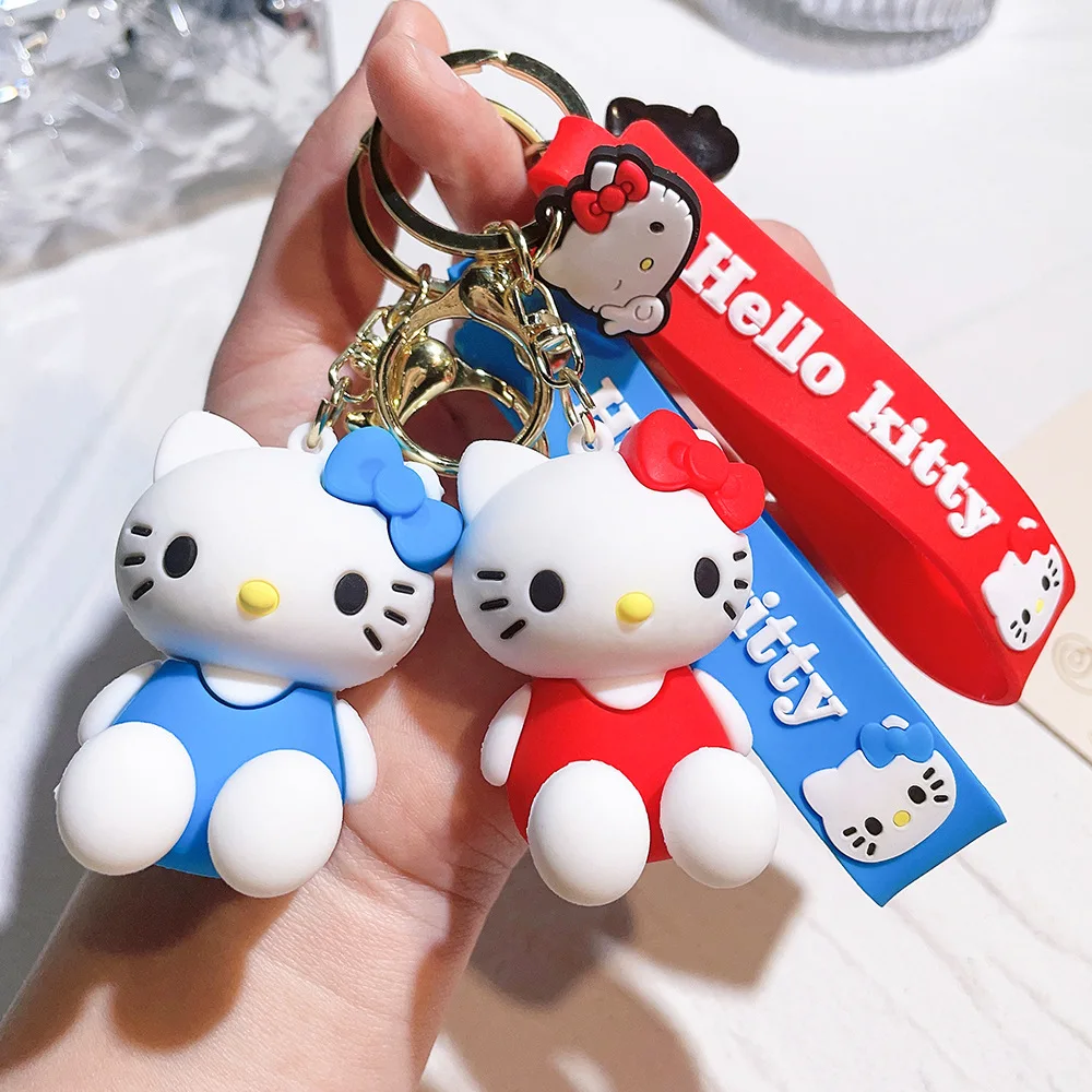 Cute PVC Wrist Strap Car Keychain Accessories Bag Ornament Doll 3D Silicone Hello Kitty KT PVC Gold Key Rings Gift Keychain