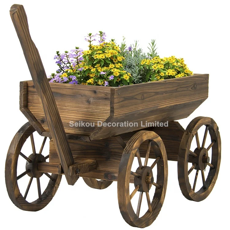 Wooden Garden Planter Car Outdoor Wooden Flower Pot Patio Wood Barrel Planter With Wheel