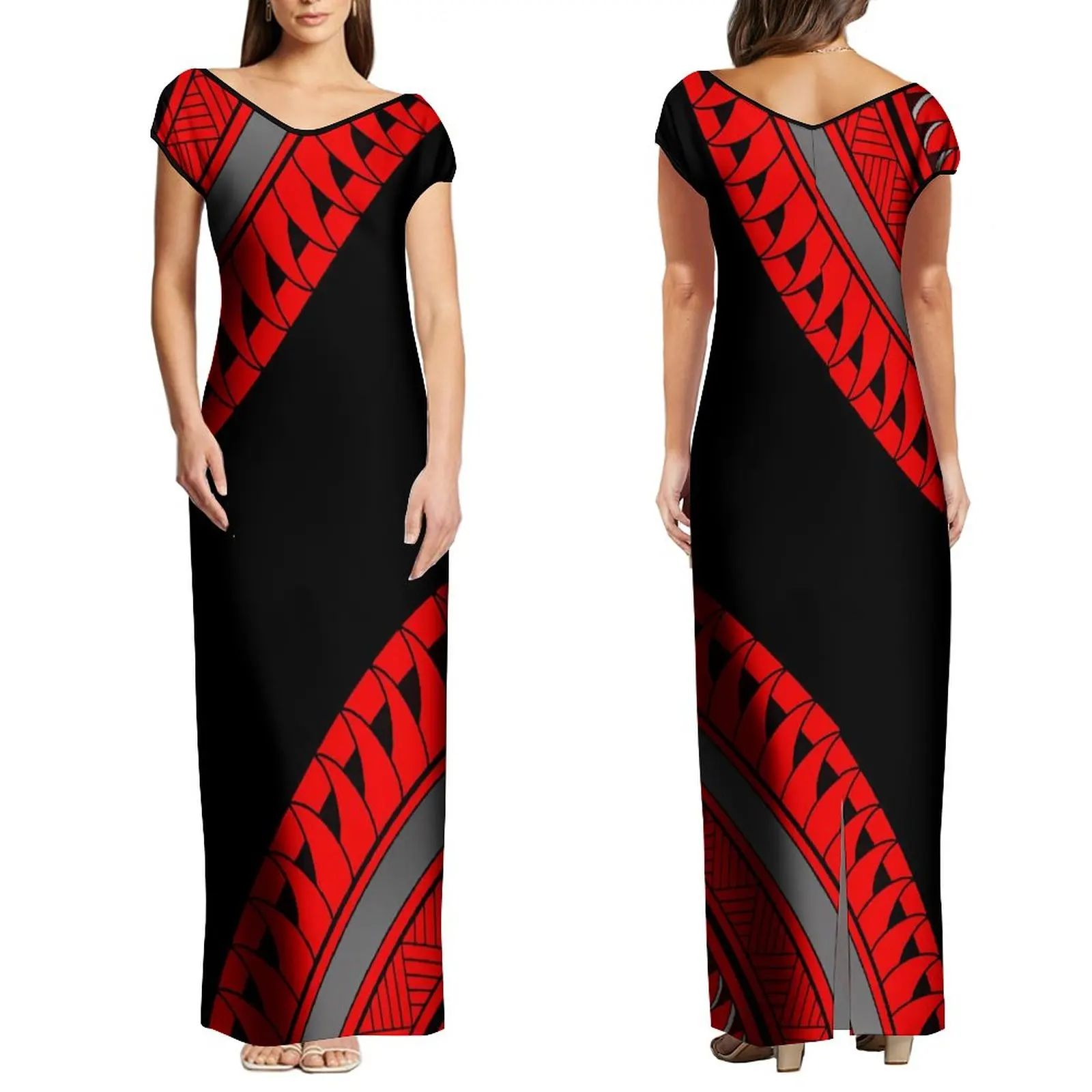 Wholesale Custom Half Shoulder Island Dress Long Maxi Evening Dresses Women Lady Elegant Polynesian Tattoo Printed Casual Dress