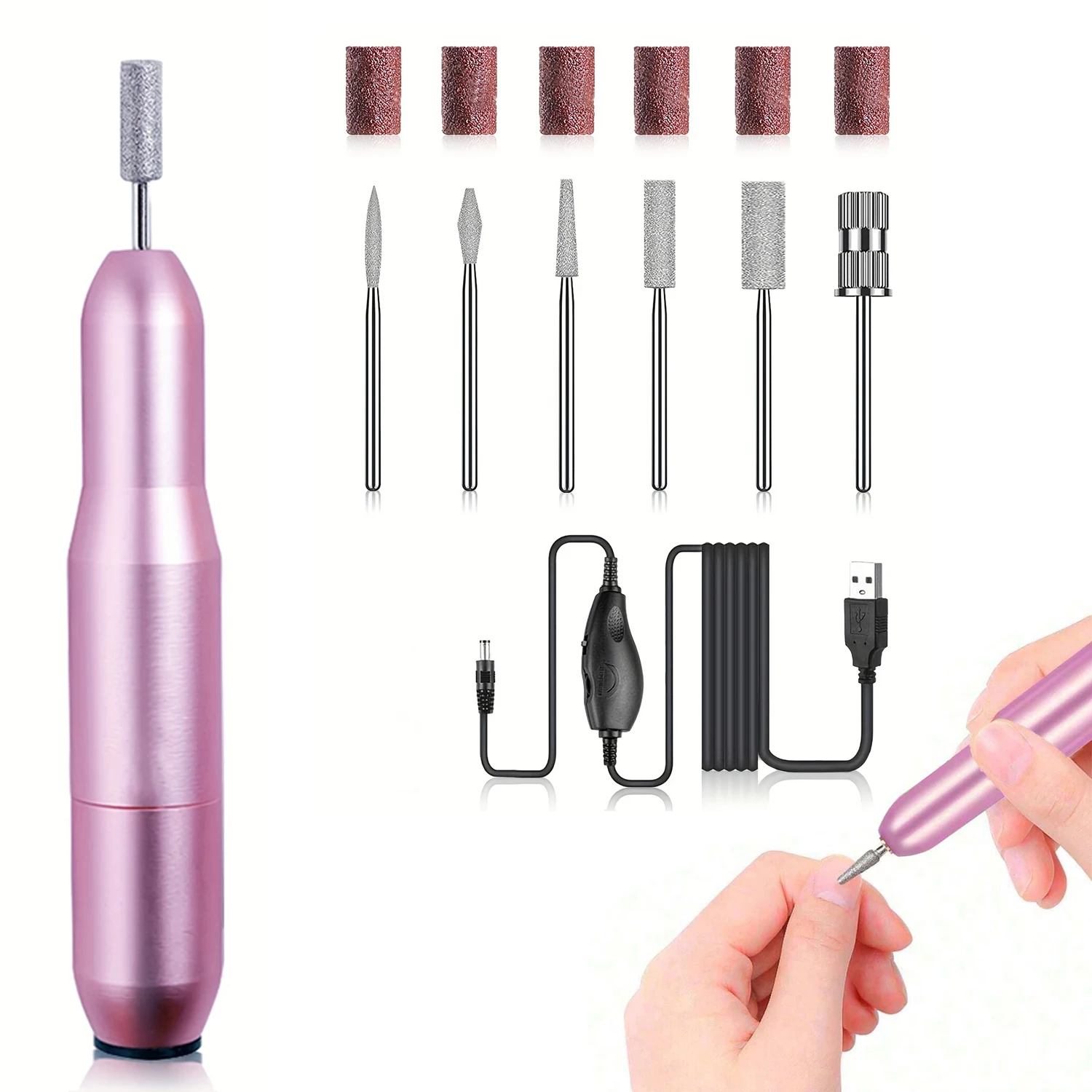 Портативная электрическая дрель для ногтей с 6 сверлами и песочным кольцом USB-питанием