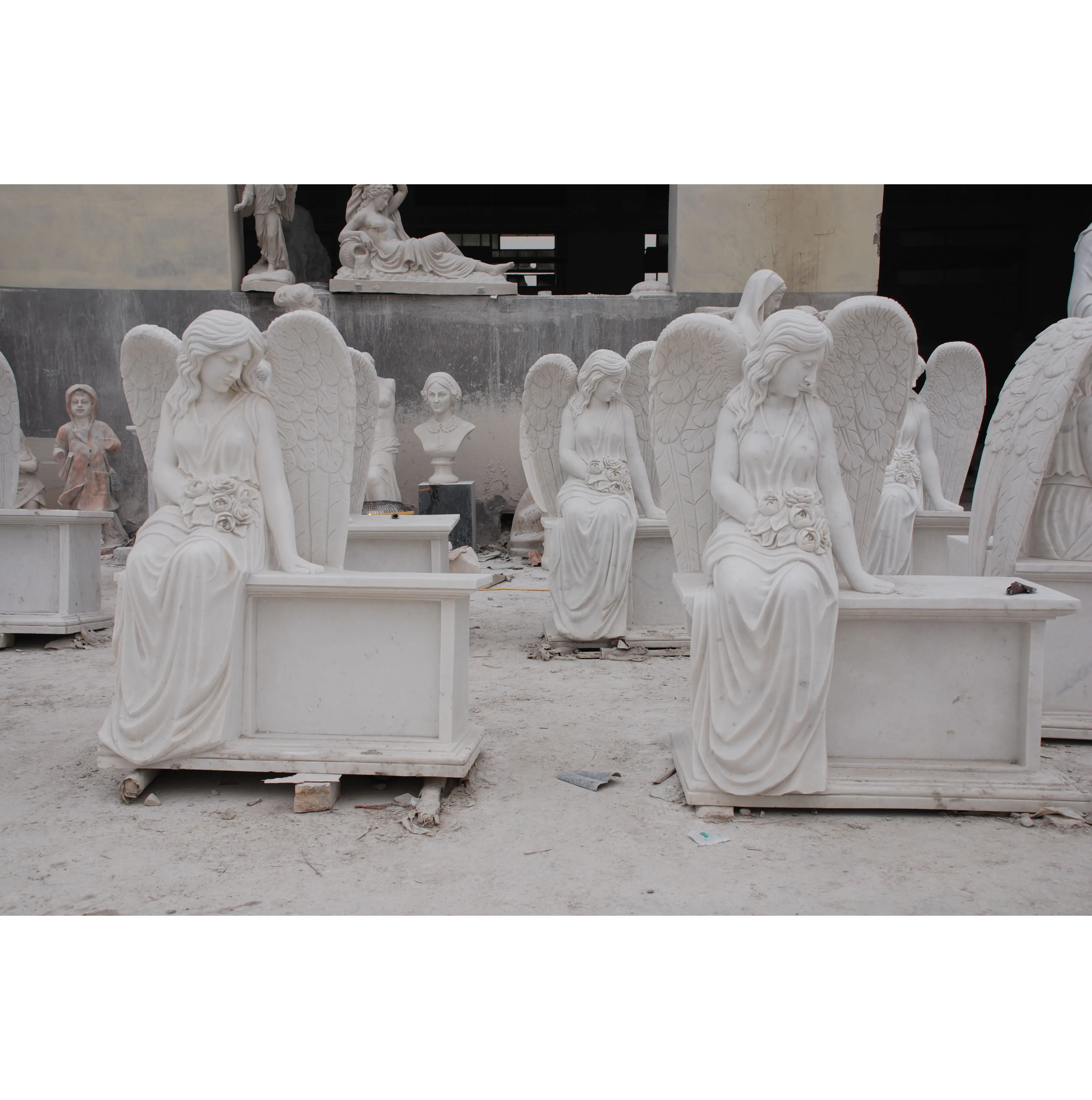White Stone Sitting Angel Marble Cemetery Headstone Statue Sculpture Tombstone