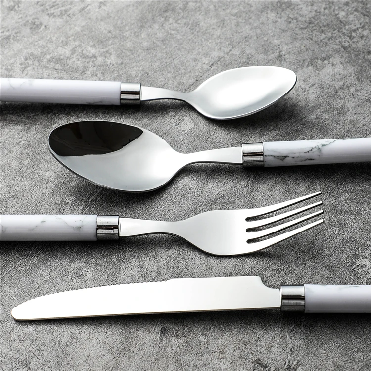 Hot sale restaurant hotel used 4 pcs stainless steel dinner fork spoon knife marble design plastic handle cutlery set