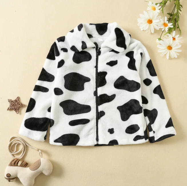 Winter Cow Printed Flannel Coat Casual Long-sleeved Knitted Outwear Kids Clothing For Kids Girl Coats