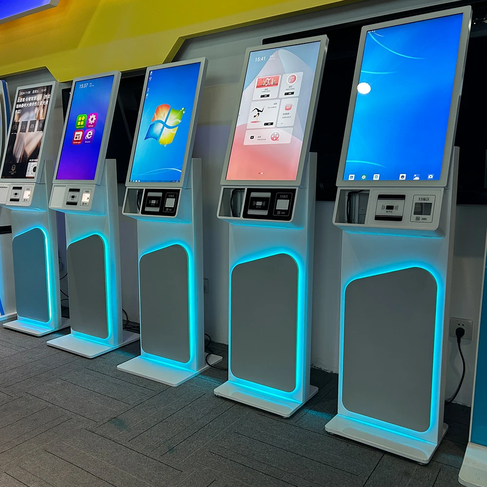 27 inch floor stand android touch screen hotel check in self service payment pos self ordering with printing Camera QR scanner