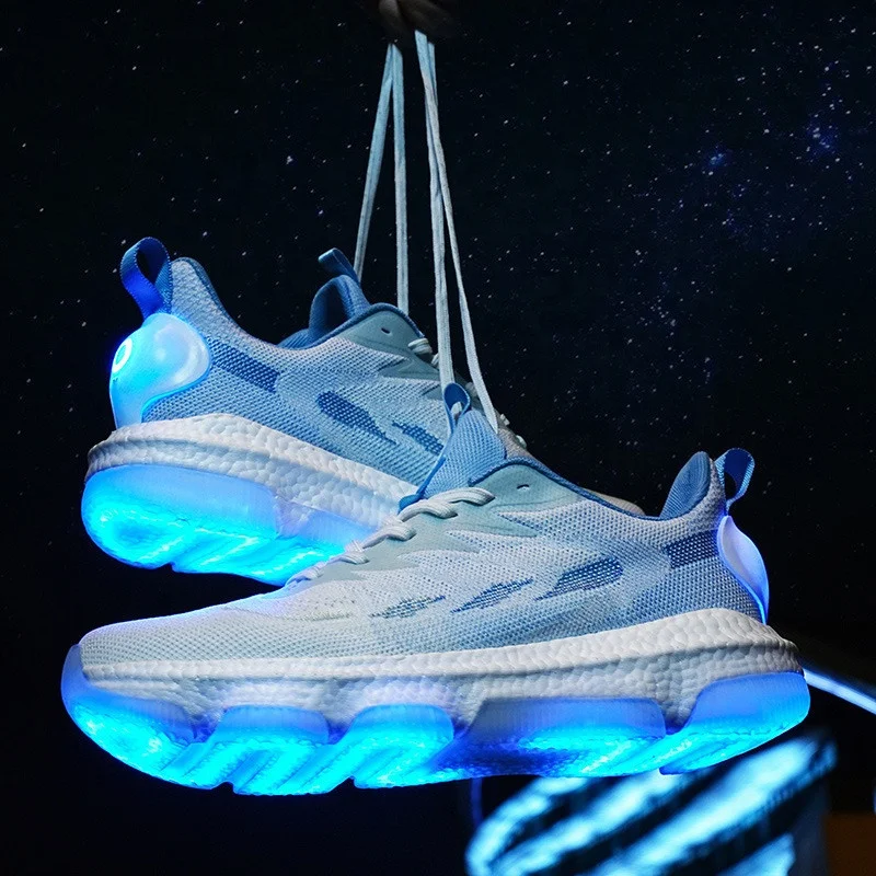 Wholesale fashion flight woven breathable shiny teenage student sneakers rechargeable light-emitting running shoes for kids