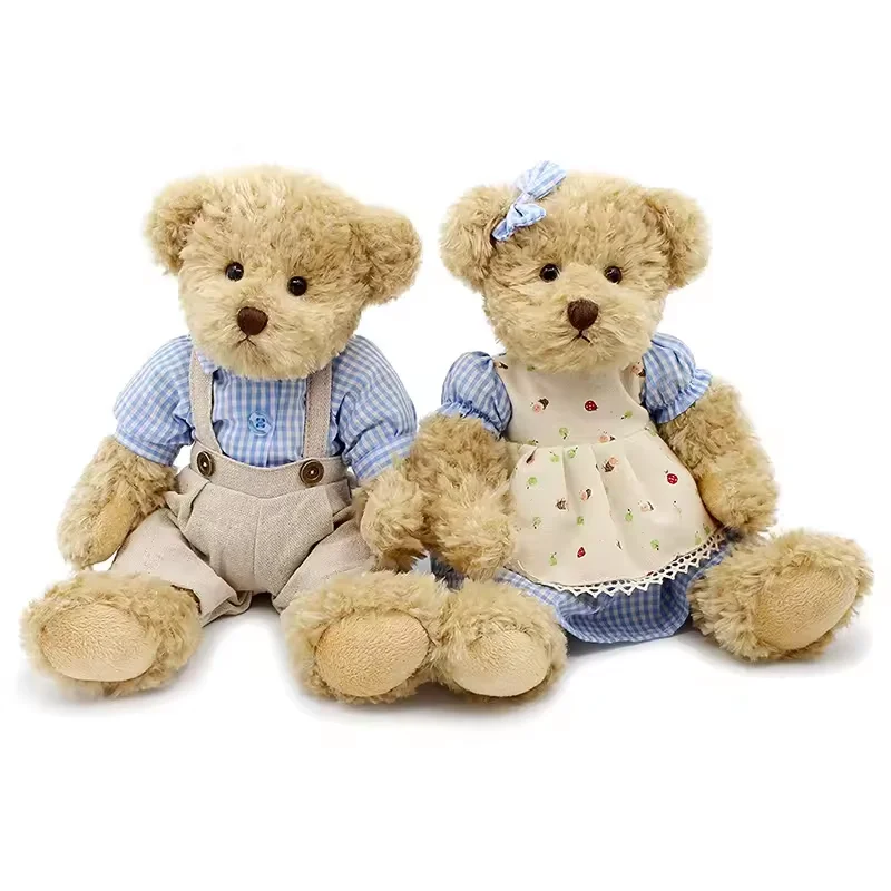 Oem Bulk Jointed Teddy Bear Cute Stuffed Animal Couple Gift Soft Plaid Clothes Plush Wedding Bear Couple Wedding Gift