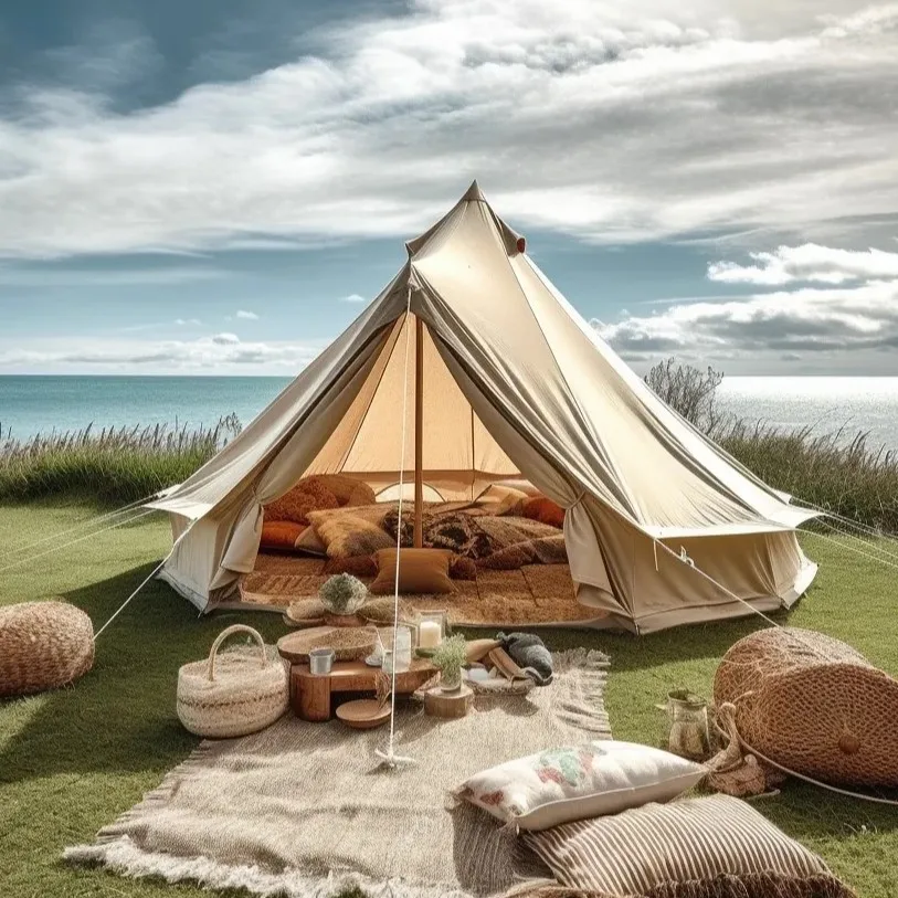 4 season 5m 6m camping glamping luxury canvas bell tent with wood stove