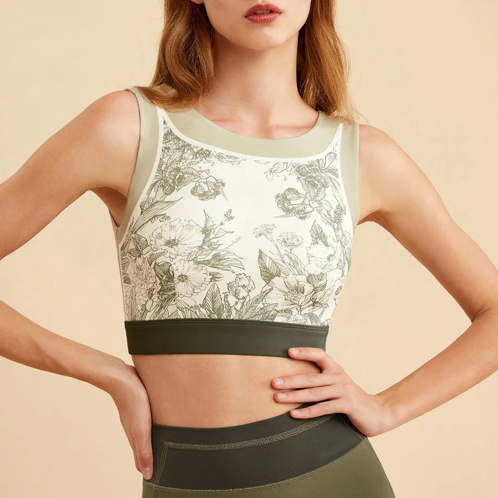 OEM Female Gym Yoga Bra Athleisure Fitness Tights Stretchy Sports Workout Adjustable Bra DTG Flora Print Crop Top