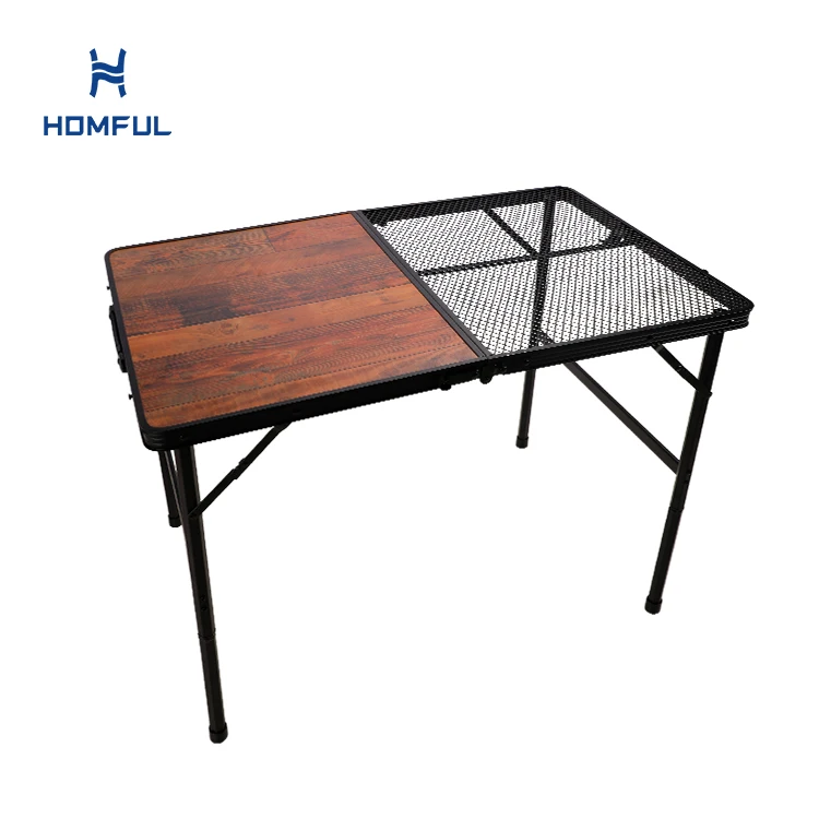HOMFUL Wholesale Outdoor High Low 2 Way Half Mesh Table Imitation Wood Table Folding Portable Camping Table