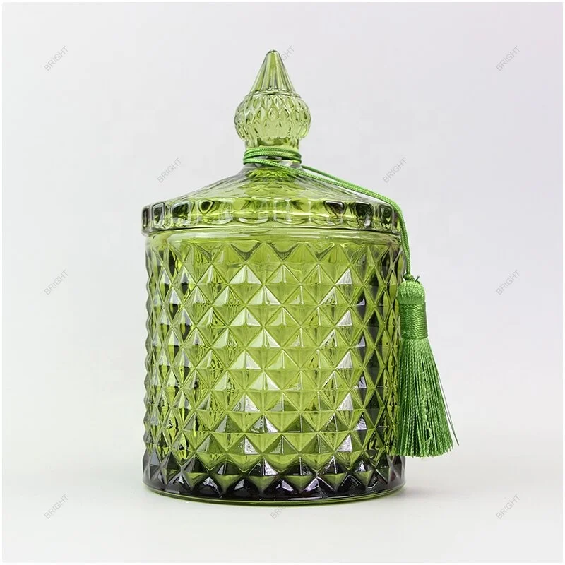 Wholesale colorful crystal sugar bowl glass candy dish jar with lid geo cut candle jars for candle making wedding decoration