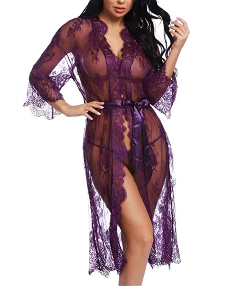 UD6380  Long Sleeve Transparent Lingerie Nightwear Lace Kimono Robe Femme Sexy