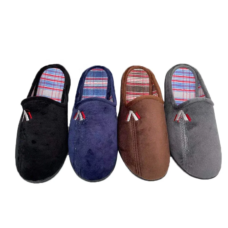 High quality embroider logo super-soft velvet upper lattice pattern lining men indoor warm slippers