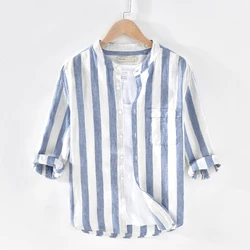The best quality factory wholesale new 7-point sleeve linen striped casual shirt men