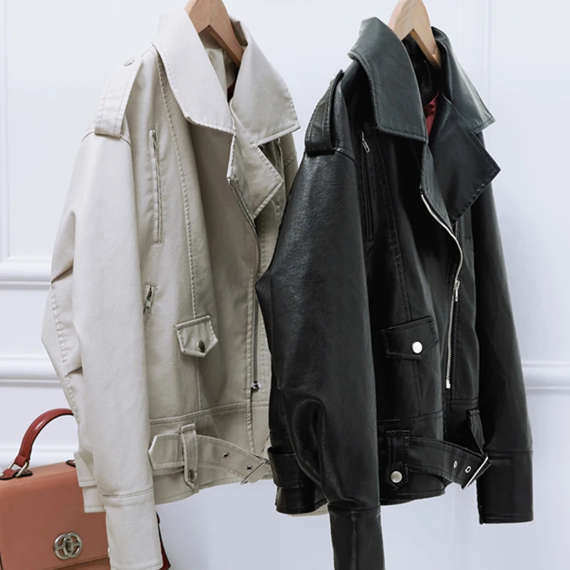 Wholesale Lapel Zipper Full Sleeve Casual Oversized Moto Softshell Leather Jacket For Woman Lady