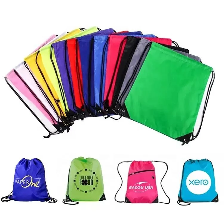 cheap high quality promotion company logo custom gym backpack 210D polyester drawstring draw string bag