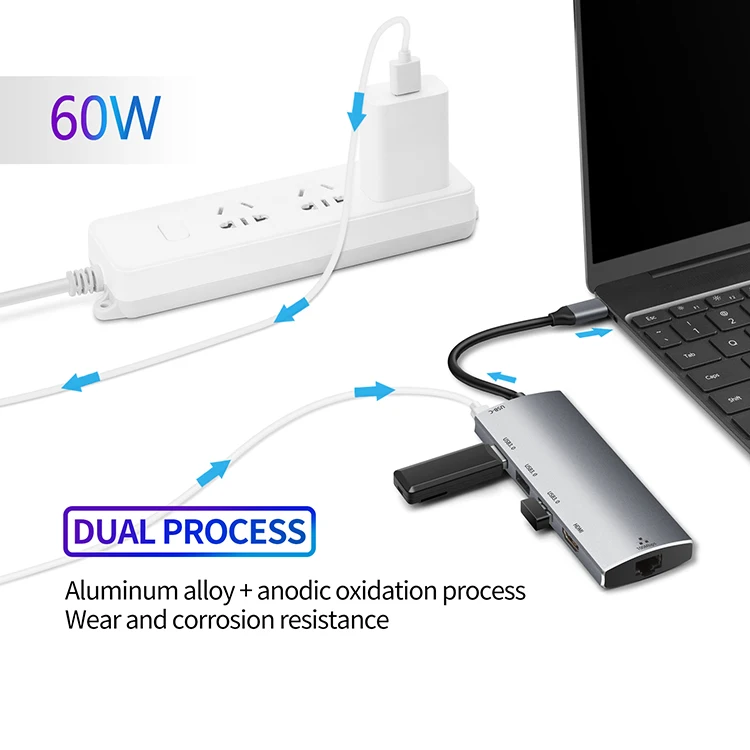 Type c adapter hub 6 in 1 aluminum 3.0 usb hubs plus RJ45 Gigabit Ethernet LAN power deliver usb docking