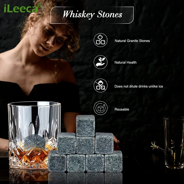 Deluxe Chill Rocks Whiskey Stones Gift Set with 6 Whisky  Chilling Stones Tongs in Wooden Gift Box