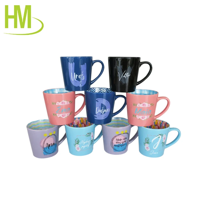 10 oz Black Glazed Funnel Ceramic Mug Custom Printed Water Milk Coffee 300ml with Handle