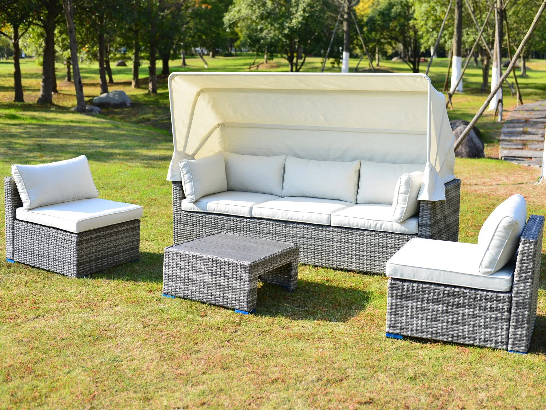 All-Weather PE Rattan Metal Furniture Sunbed Outdoor Rattan Daybed Patio Set Retractable Canopy Garden Sofa with Sun Visor