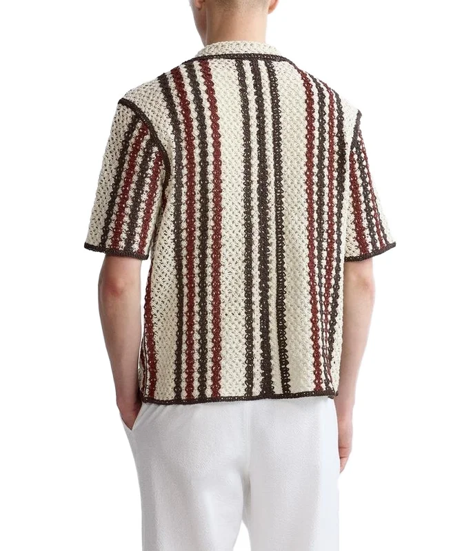 Custom design logo summer knit top mesh fashion casual hollow out short sleeve knitted  men crochet shirt