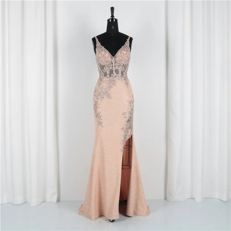New Design Sexy Spaghetti Strap Lace High Split Women Long Mermaid Prom Dress For Party