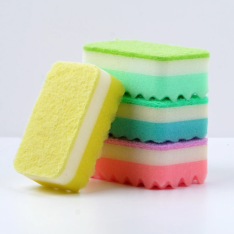 Colorful three layer sponge scouring pads high density tableware dishwashing cleaning wash dishes pots sponge washing brush