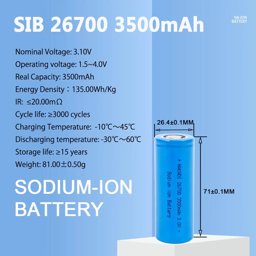 Sodium-ion Battery SIB 26700 3.0 V 3500mAh Rechargeable Na Ion Cell DIY Ebike Battery