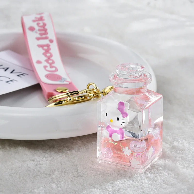Cartoon KT cat Liquid milk tea cup keychain cute  keychain kawaii girl bag pendant acrylic quicksand car key chain