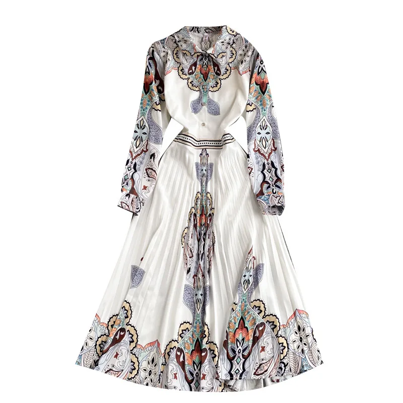 New Listing Long Sleeve Turn-down Collar Designer Printed Heavy Pleated Midi Dress For Women