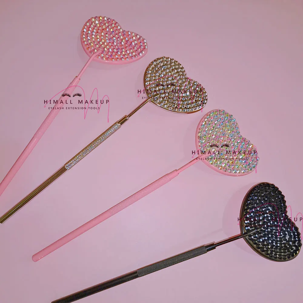 Square Makeup heart Kitty Diamond setting Mirror for Eyelash Extension Handheld with Handle Hand Mirror lash Salon Mirrors