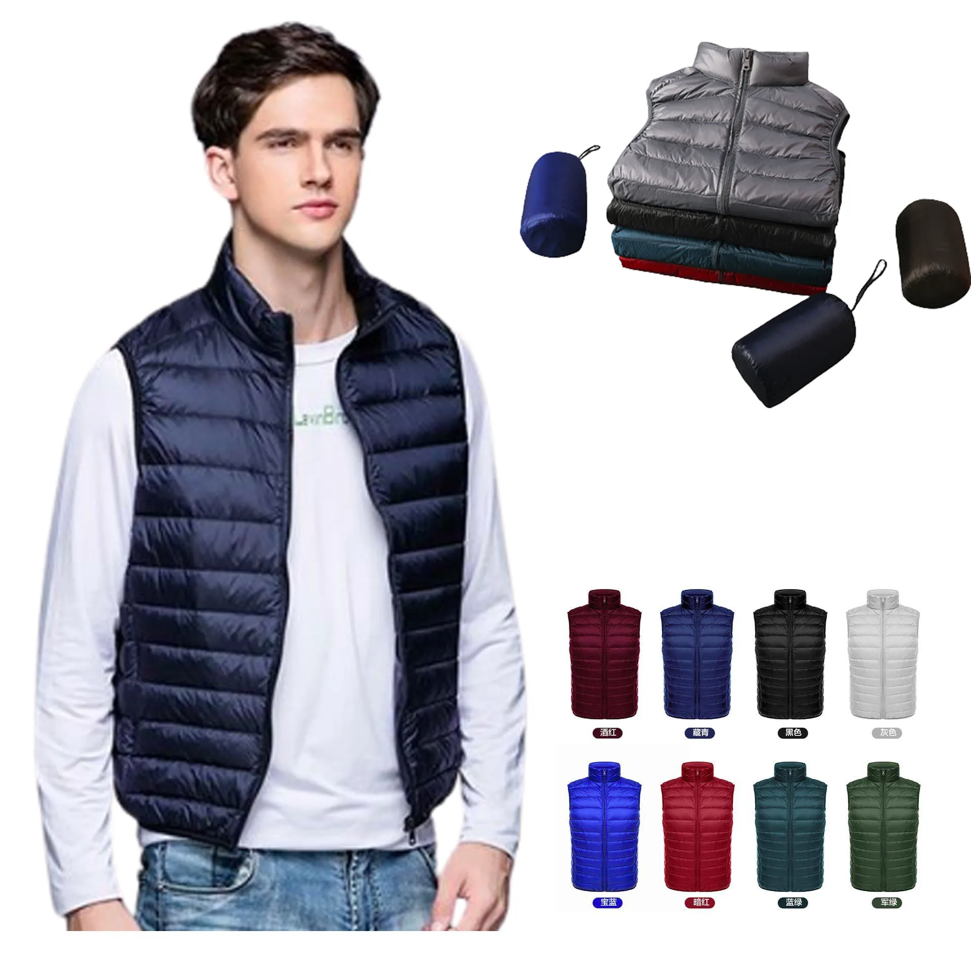 oem men packable ultra-light weight black puffer vest custom logo reversible quilted vest cotton puffer duck down vest