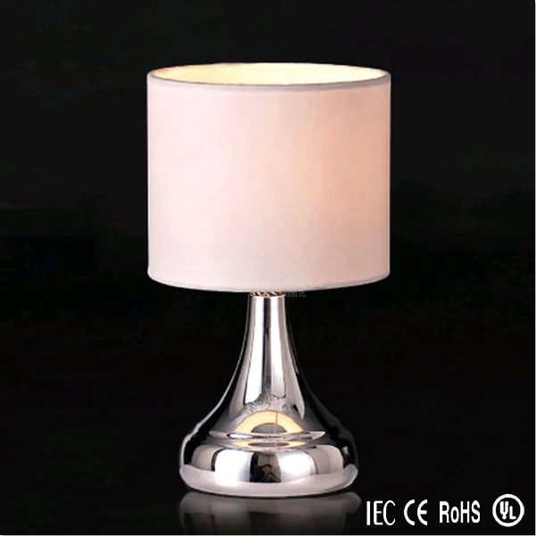 Mini Touch Lamp 4 Stage Control Table Nightstand End Bedside Lamps White Fabric Shades  Modern Chrome Small Table Desk R