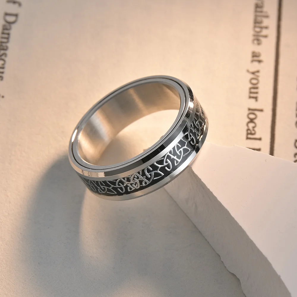 Hot Sale 8MM Rotatable Stainless Steel Men Ring Norse Viking Celtic Triangle Knot Anxiety Fidget Rings Relieve Stress