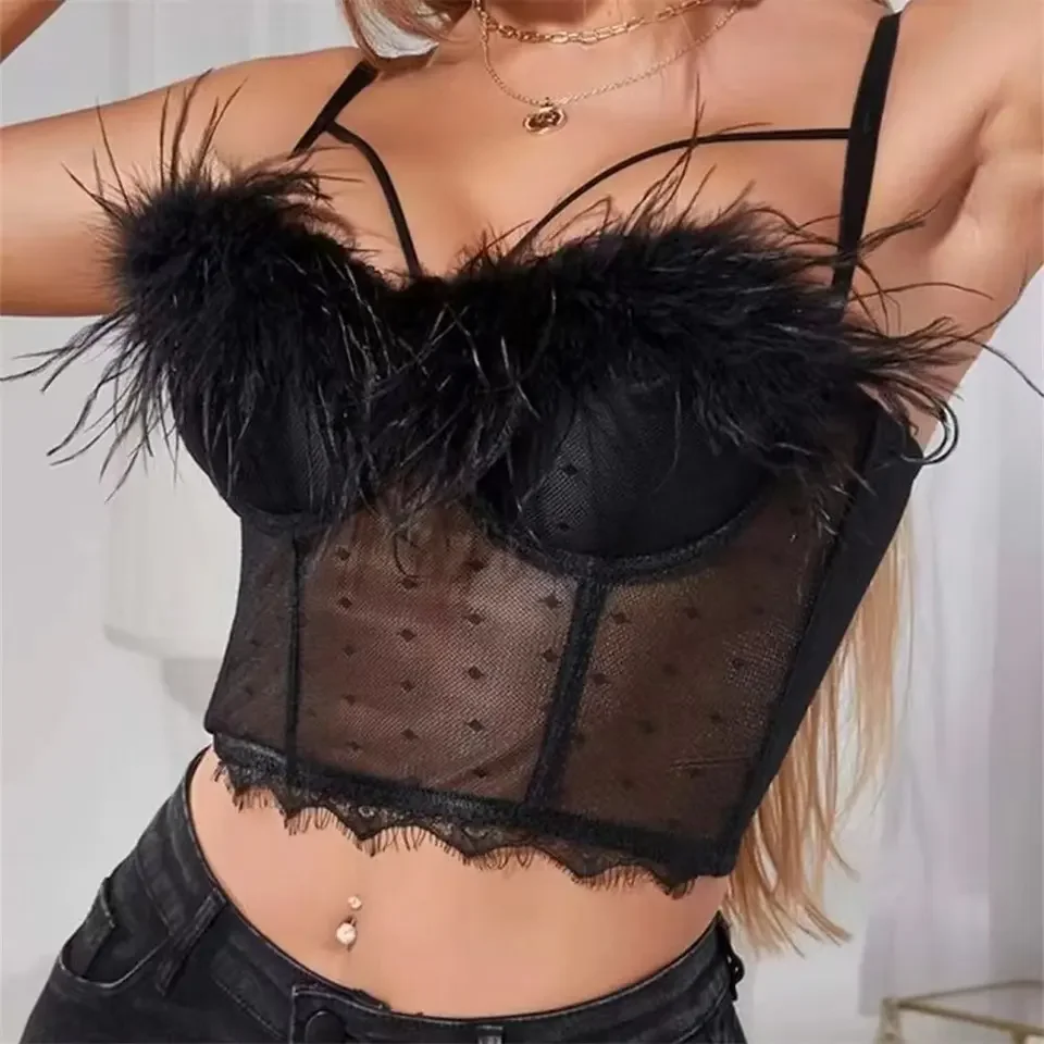 Summer Feathers New Nightclub Camisole Underwear Slim Lace Sexy Bra Black Women Bustier Corset