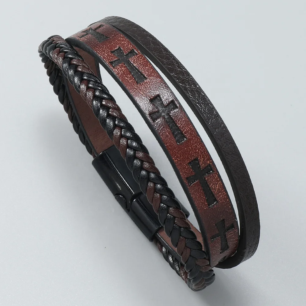 Wholesale Vintage jewelry bracelets bangles Engrave Cross PU leather bracelet for men women