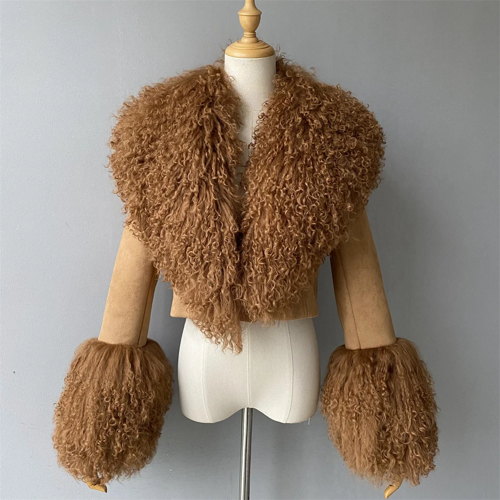 Full Sleeves Soft Women Genuine Sheepskin Coat Lamb Fur Collar Fall Winter OEM Custom Logo Cropped Real Sude Leather Jackets